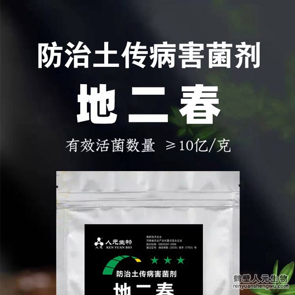 【地二春】土傳病害防治菌劑由河南省微生物菌劑工程技術(shù)研究中心研制，鶴壁市人元生物技術(shù)發(fā)展有限公司生產(chǎn)，本品根據(jù)土壤生態(tài)環(huán)境及土傳病害機理，以枯草、地衣芽孢桿菌、哈茨木霉菌、放線菌、白僵菌、綠僵菌及淡紫擬青霉等菌群為主，經(jīng)特殊培養(yǎng)精心研制而成的新一代抗土傳病害復(fù)合微生物菌劑。