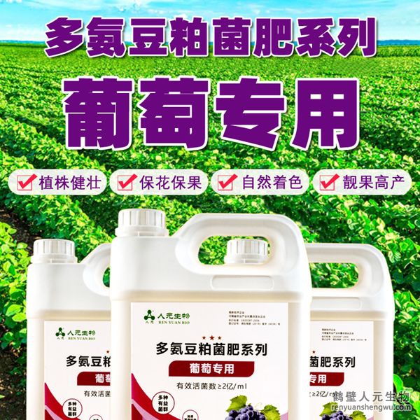 多氨豆粕菌肥系列葡萄專用肥由河南省微生物菌劑工程技術(shù)研究中心研制，鶴壁市人元生物技術(shù)發(fā)展有限公司生產(chǎn)，本品是以固態(tài)發(fā)酵豆粕為主要原料，豆粕經(jīng)過(guò)有益微生物菌種發(fā)酵分解，充分釋放游離氨基酸，同時(shí)輔以枯草、地衣、膠凍樣芽孢桿菌等有益菌群。