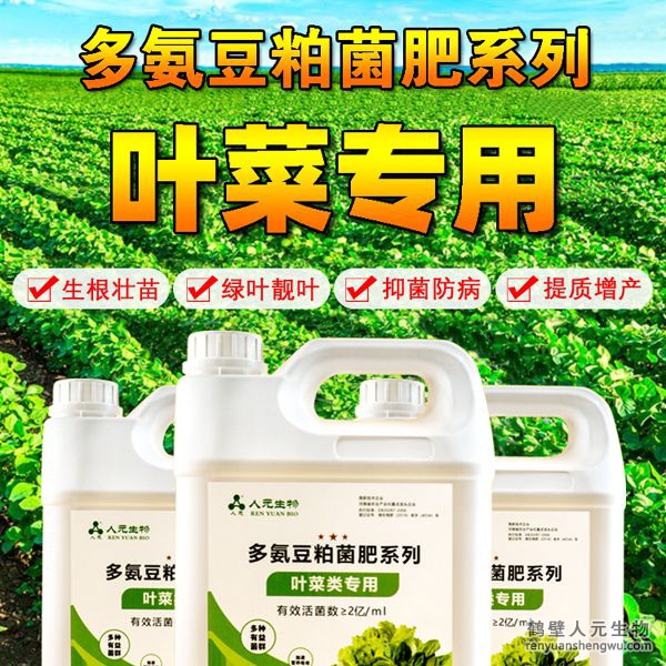 多氨豆粕菌肥系列葉菜類專用肥由河南省微生物菌劑工程技術(shù)研究中心研制，鶴壁市人元生物技術(shù)發(fā)展有限公司生產(chǎn)，本品是以固態(tài)發(fā)酵豆粕為主要原料，豆粕經(jīng)過(guò)有益微生物菌種發(fā)酵分解，充分釋放游離氫基酸，同時(shí)輔以枯草、地衣、膠凍樣芽孢桿菌等有益菌群。